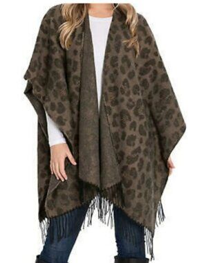 WOOLRICH Leopard Print Cozy Blanket Shawl Wrap Fringe Trim - One Size